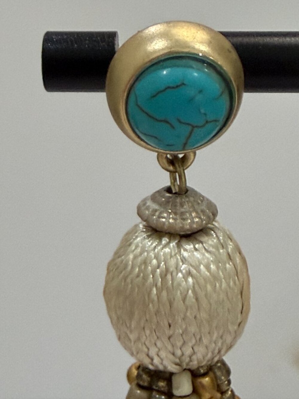 Chico’s Turquoise Cabochon Pearl Bead Multi Strand Tassel Drop Earrings - Picture 6 of 7